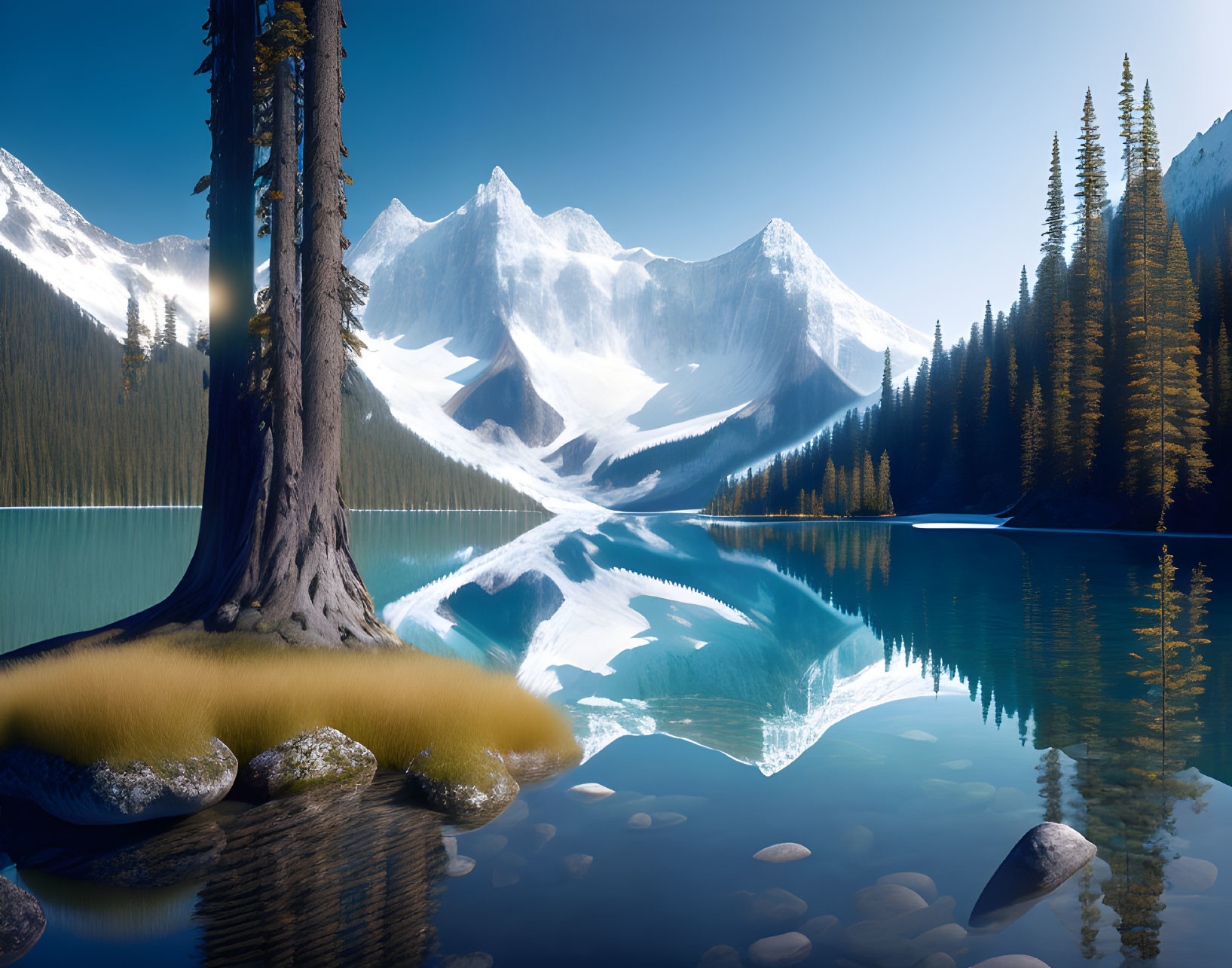 Snow-capped peaks mirrored in serene mountain lake amidst coniferous trees.