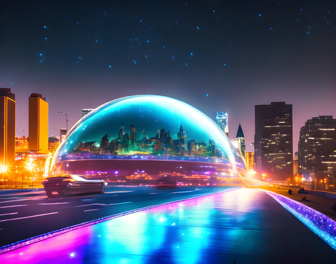 Futuristic night cityscape with luminous dome and neon lights