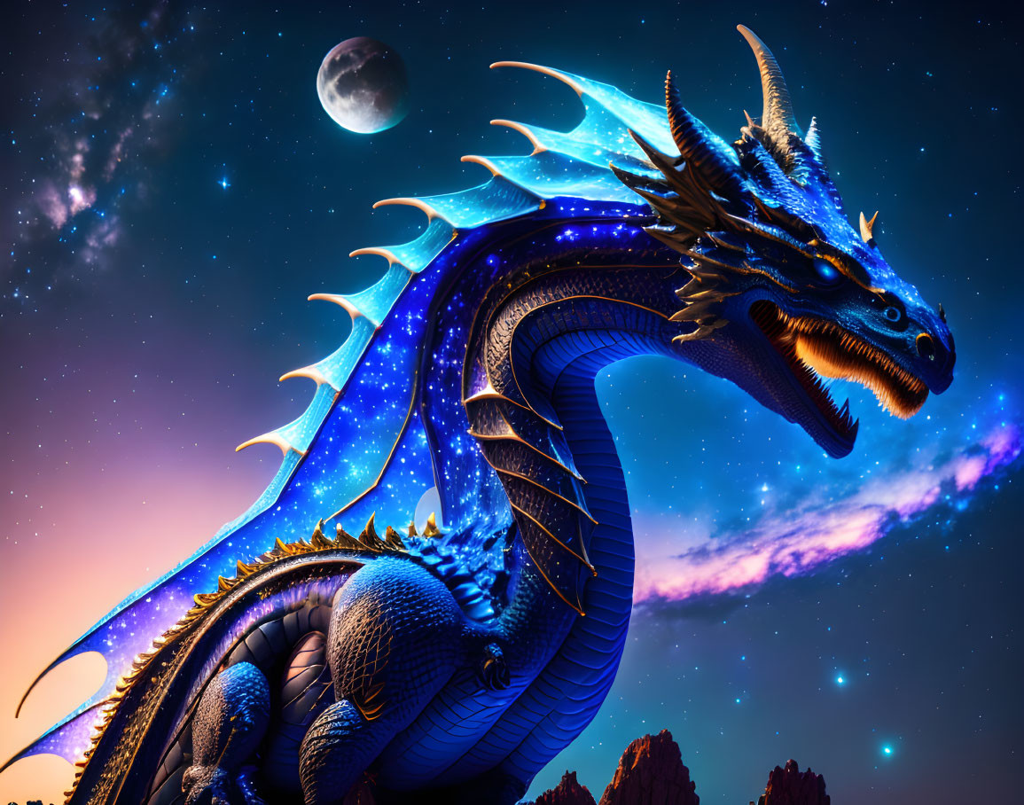 Majestic blue dragon under starry night sky with glowing scales