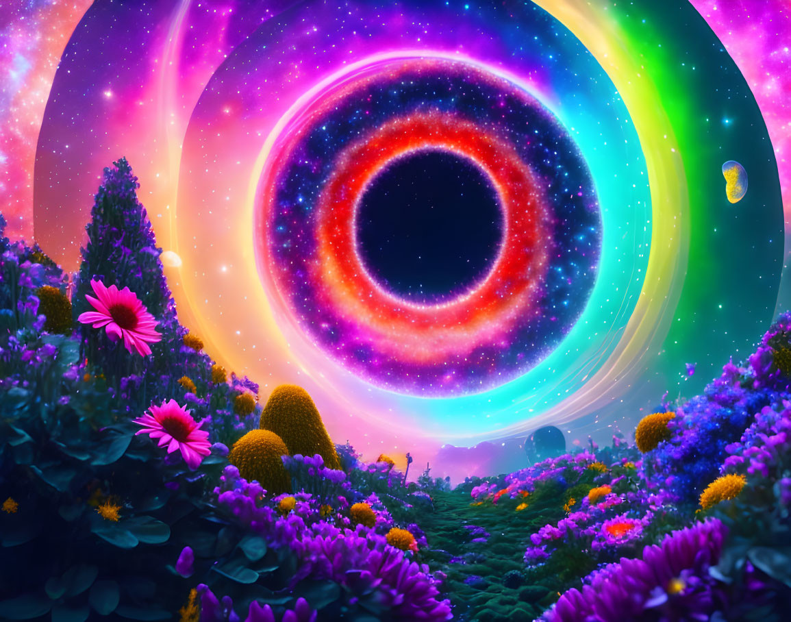 Colorful field of flowers under fantastical sky with black hole and galaxies