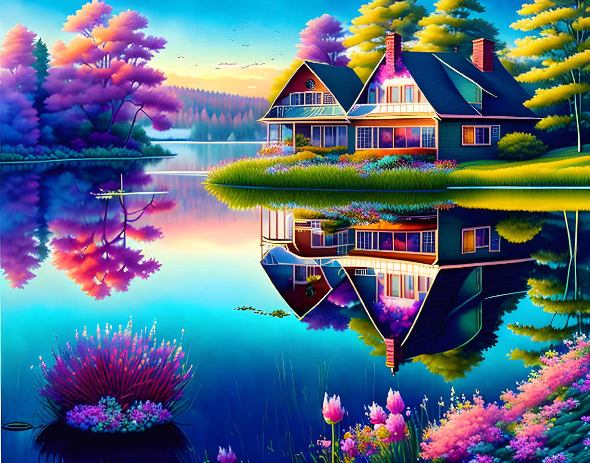 Scenic lakeside view with colorful house reflection amid twilight sky