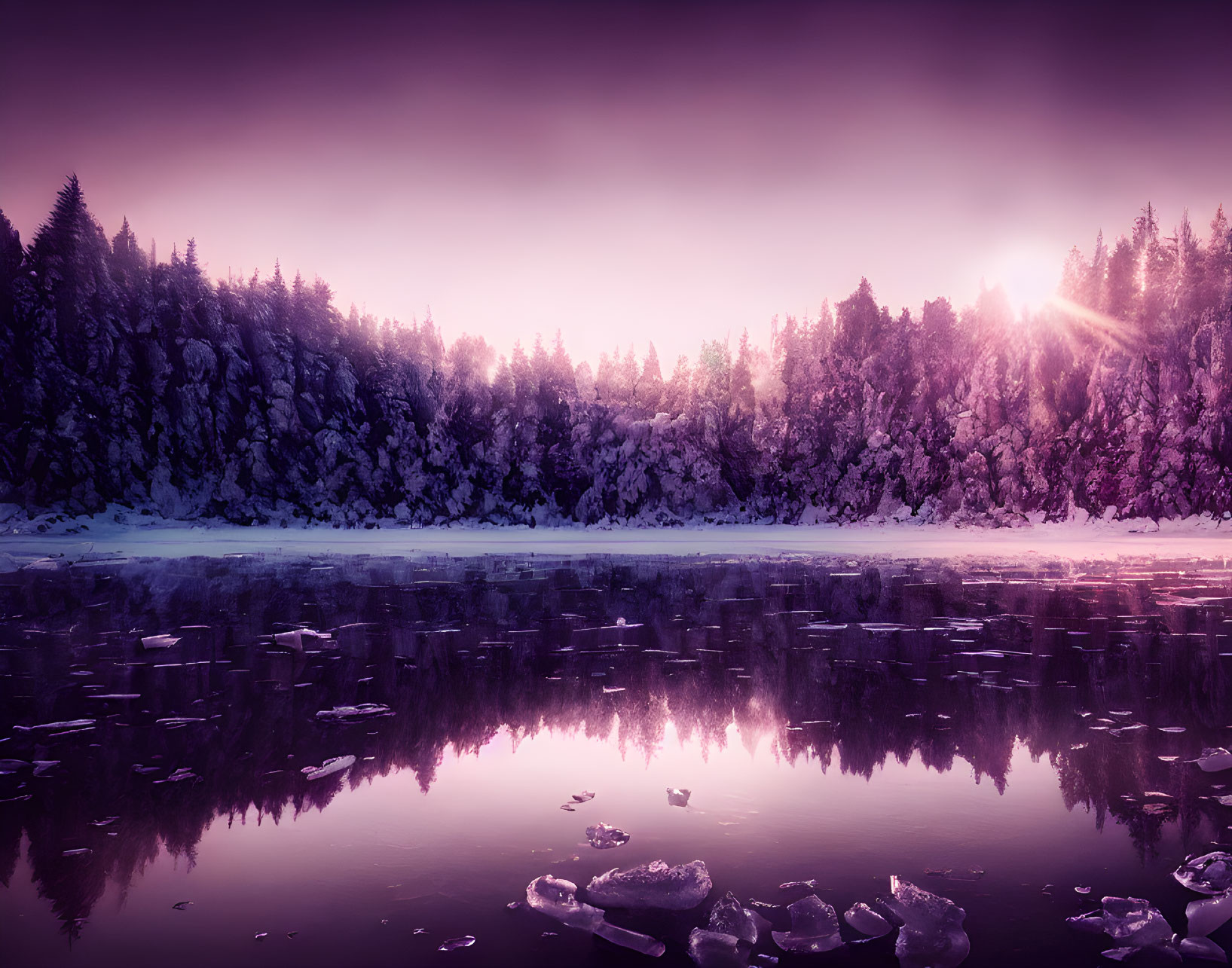 Sunbeam piercing purple sky over icy forest lake