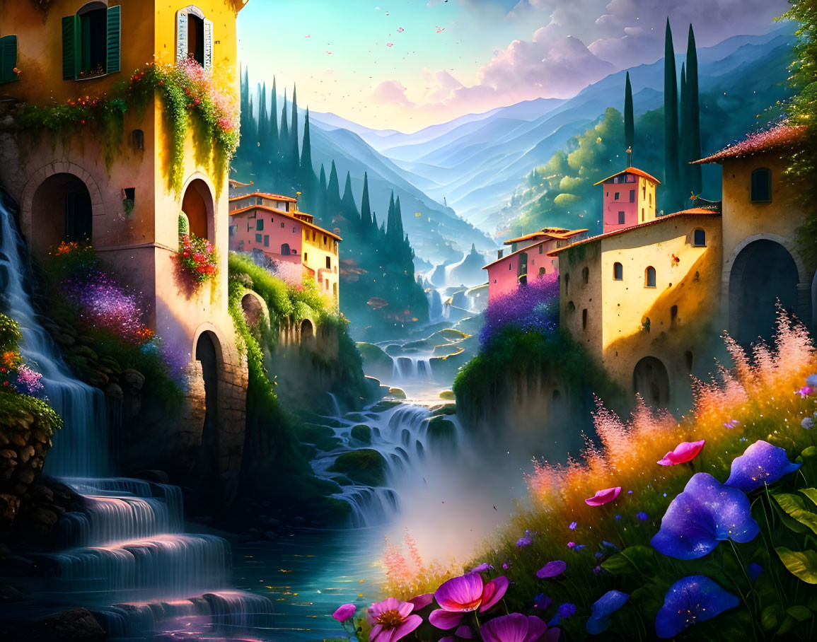 Colorful village with waterfalls and traditional houses under starlit sky