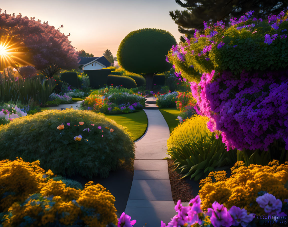 Colorful Sunset Garden Path with Manicured Bushes