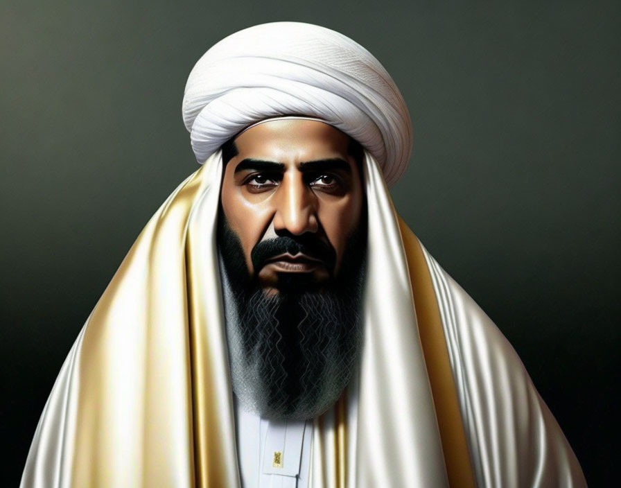 Man in white turban and robe with dark beard and intense gaze on dark background