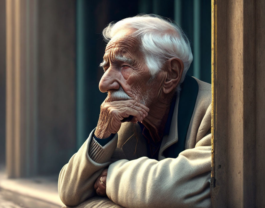 Elderly man with white hair and mustache in thoughtful gaze