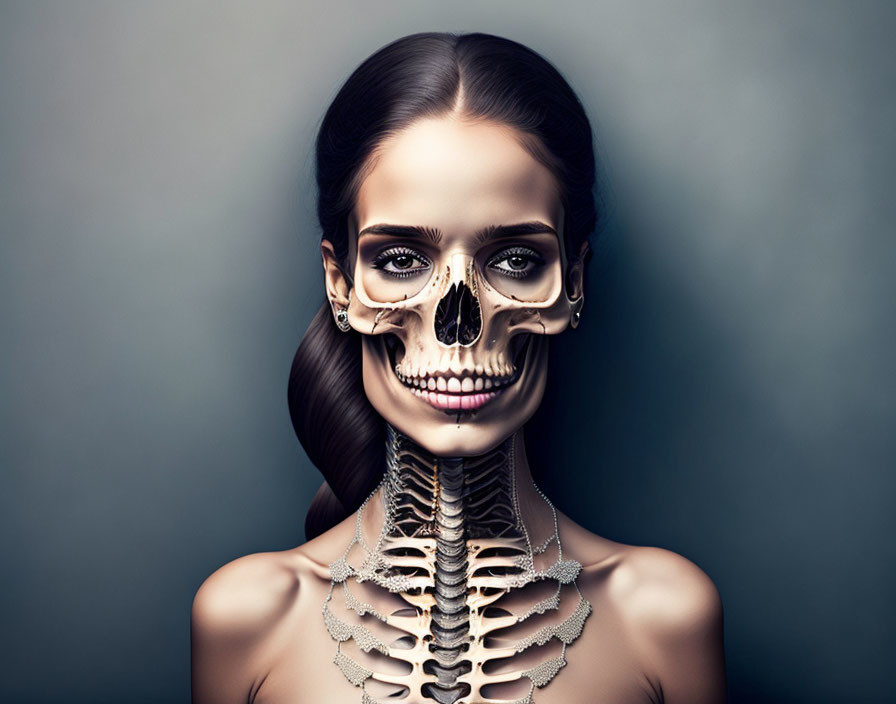 Surreal portrait of woman with half skull face