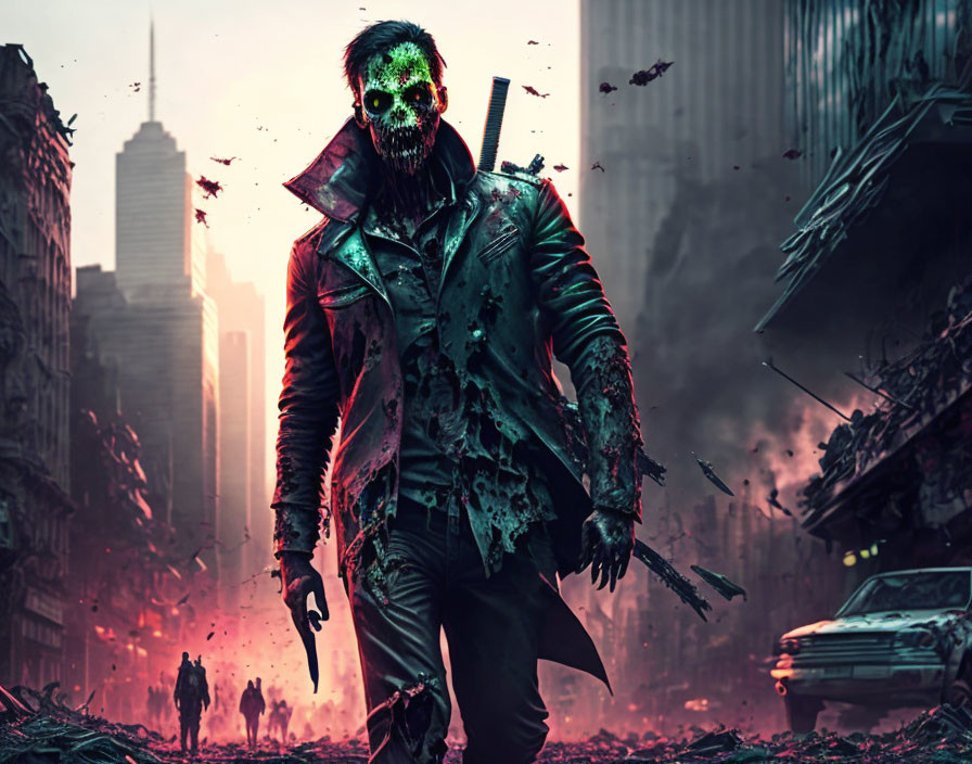 Glowing green skull-faced figure in bloody jacket in dystopian cityscape