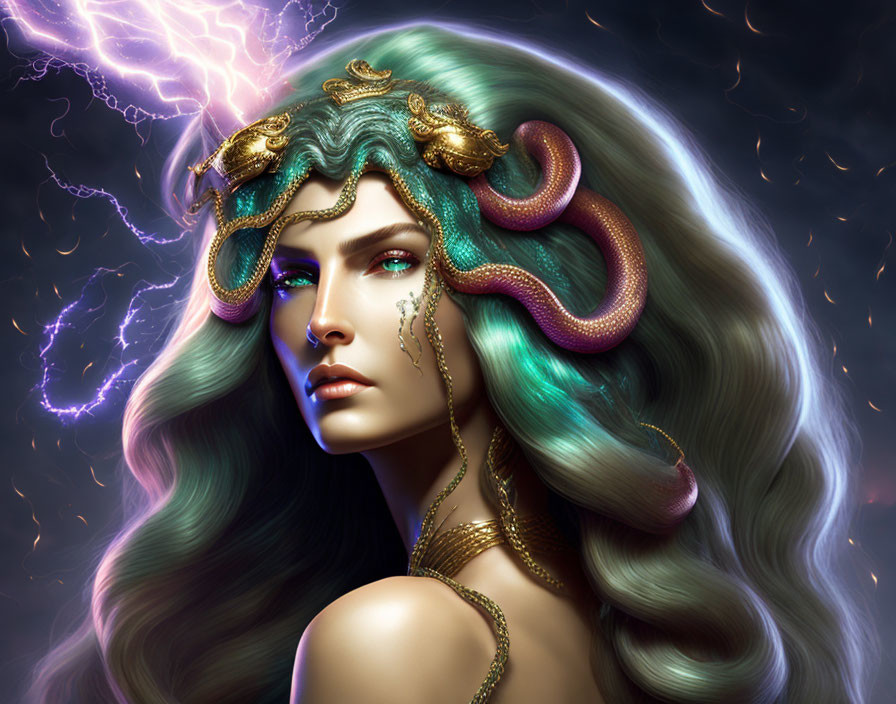 Mythical woman with serpents in hair and lightning background.