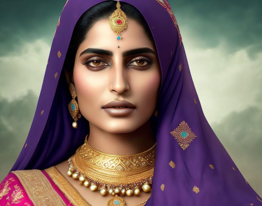 Traditional Indian attire portrait with bold makeup and purple veil