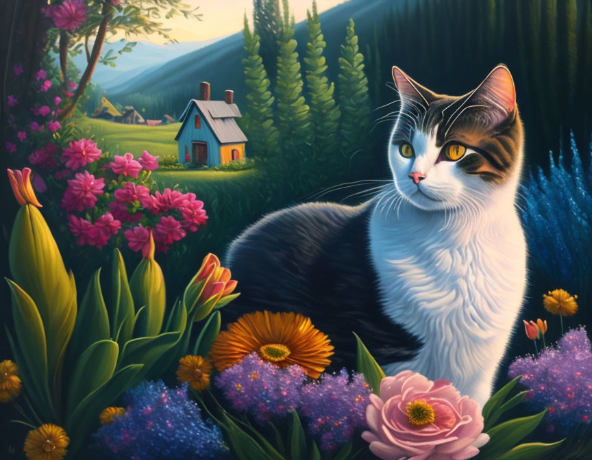 Black and white cat surrounded by vibrant flowers, forest, and cottage