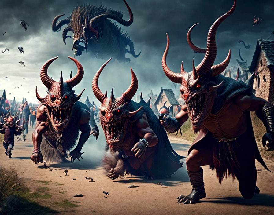 Three horned monsters in battle on smoky battlefield with flying debris.