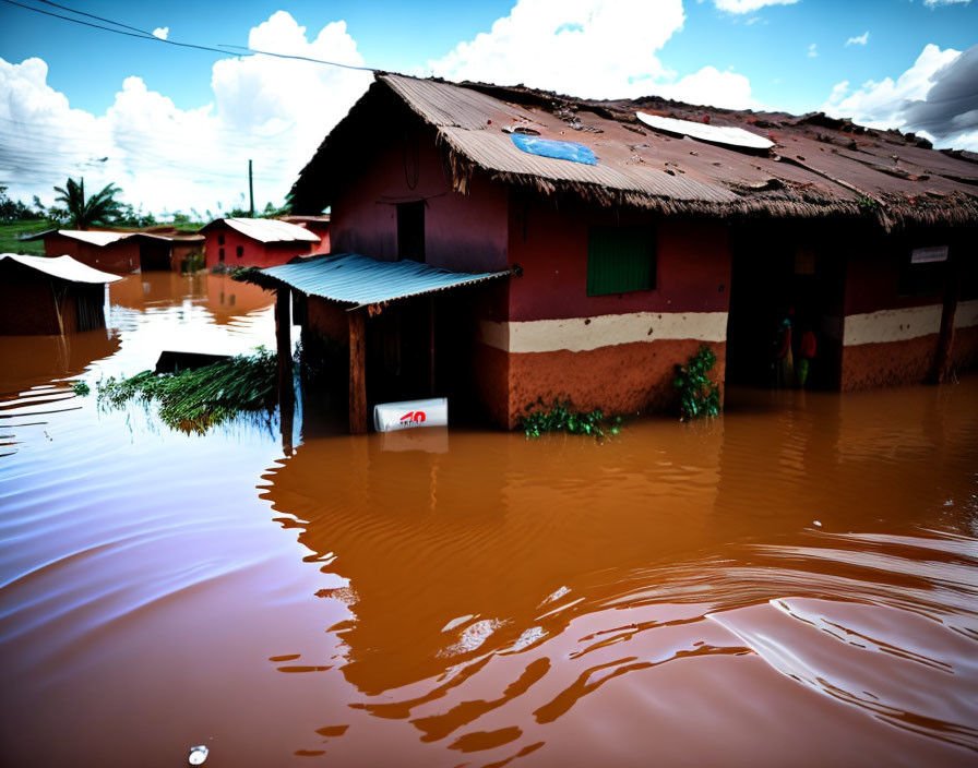 Flooded rustic red houses with straw roofs and person in doorway