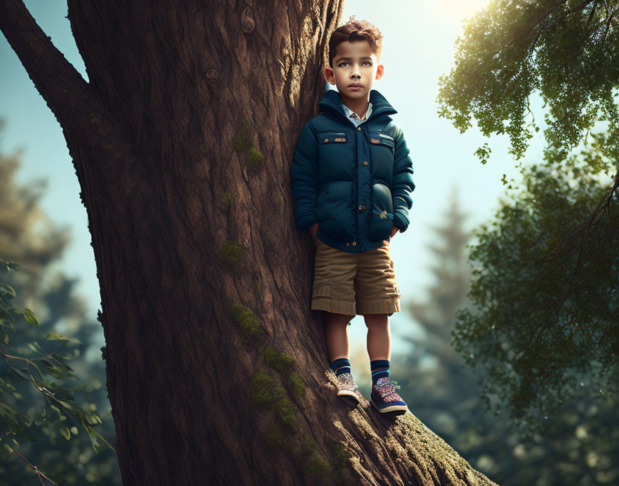 Young boy in blue jacket and shorts on tree branch in sunlit forest