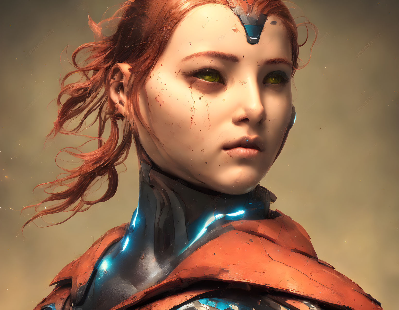 Close-up of woman with glowing yellow eyes, red hair, futuristic suit, and serious expression