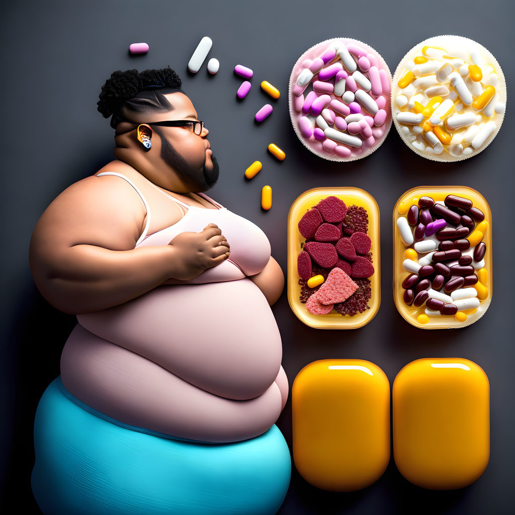 Overweight person surrounded by pills and containers symbolizing obesity and medication issues