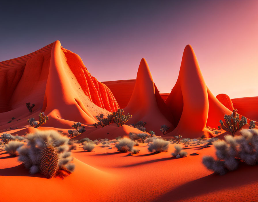 Vibrant sunset over red sand dunes and sparse vegetation