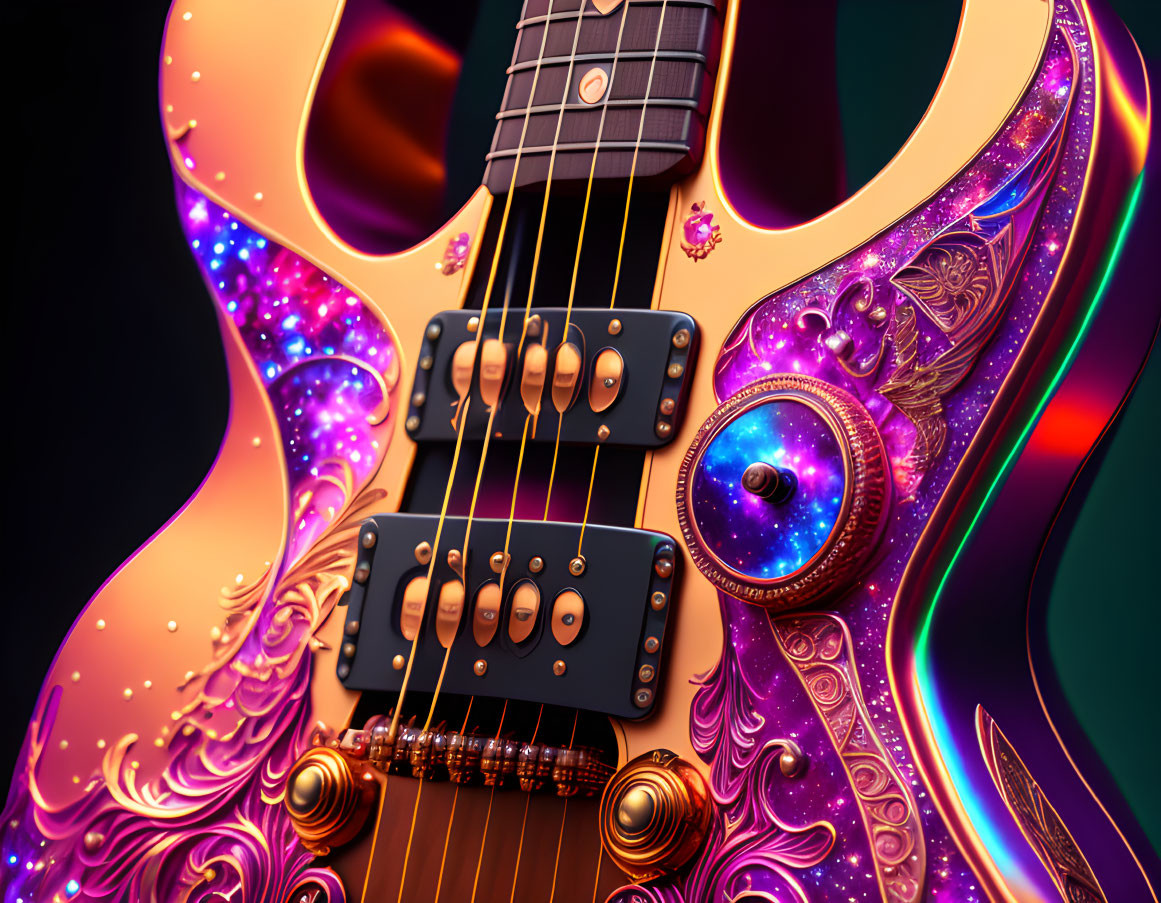 Colorful Cosmic and Floral Pattern Electric Guitar on Dark Background