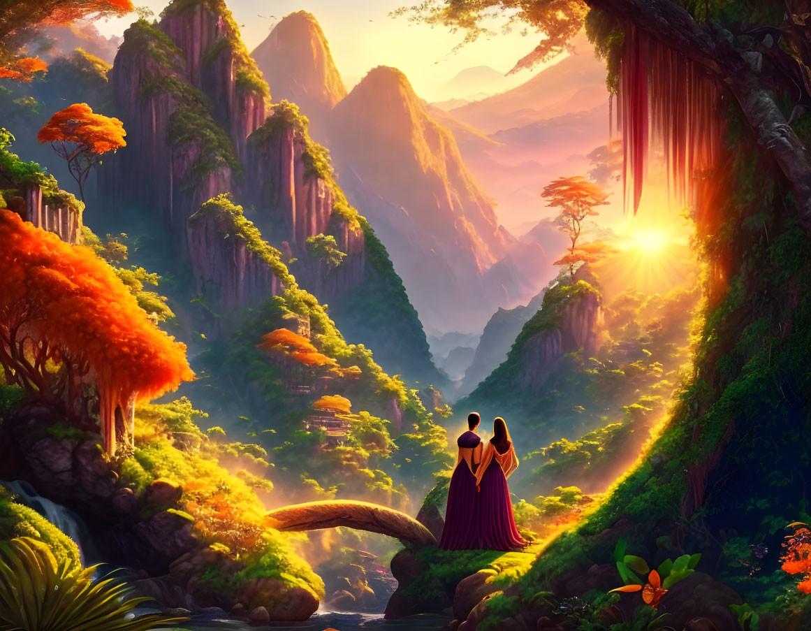 Two people on bridge in vibrant forest with waterfall and sun over mountains