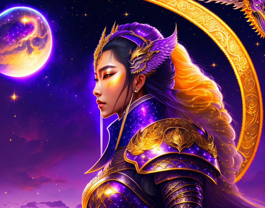 Celestial warrior woman in golden armor with dragon motif in cosmic setting