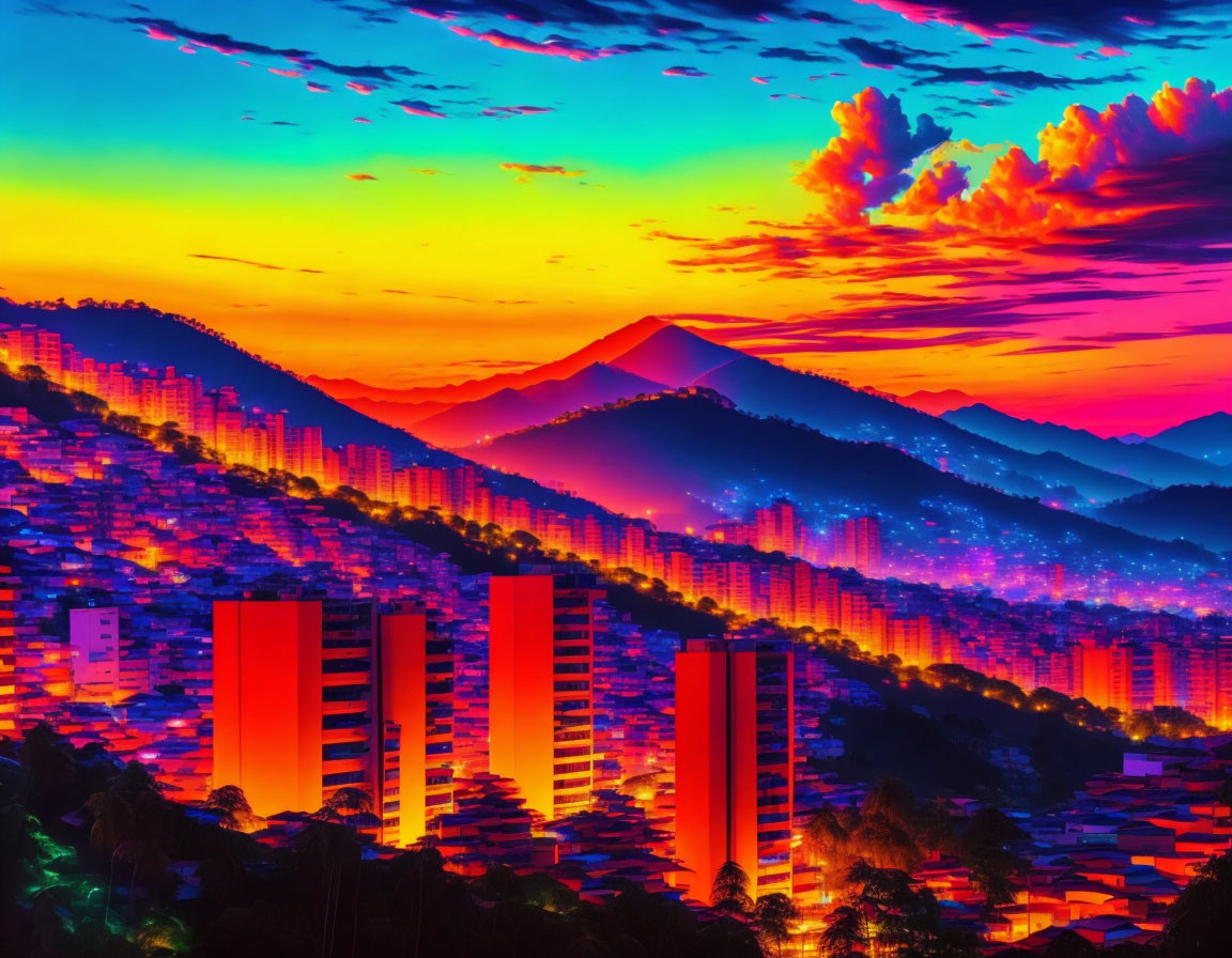 Colorful Sunset Over Hilly Cityscape and Mountains