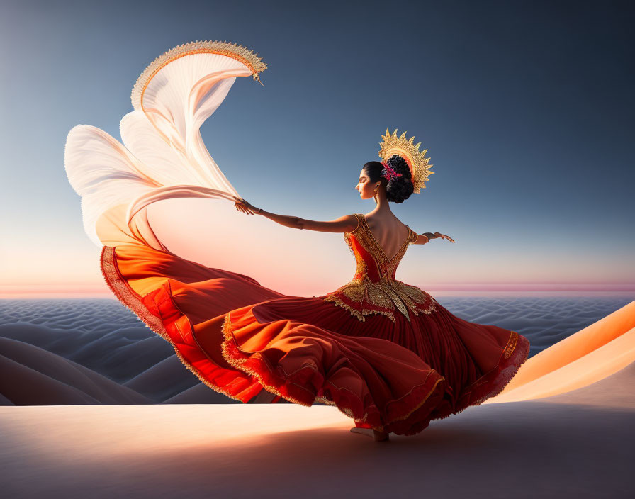 Graceful dancer in red dress performs on sandy dunes under gradient sky