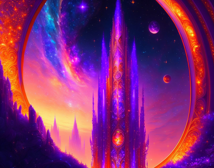 Fantasy space scene with ornate arches and cosmic backdrop