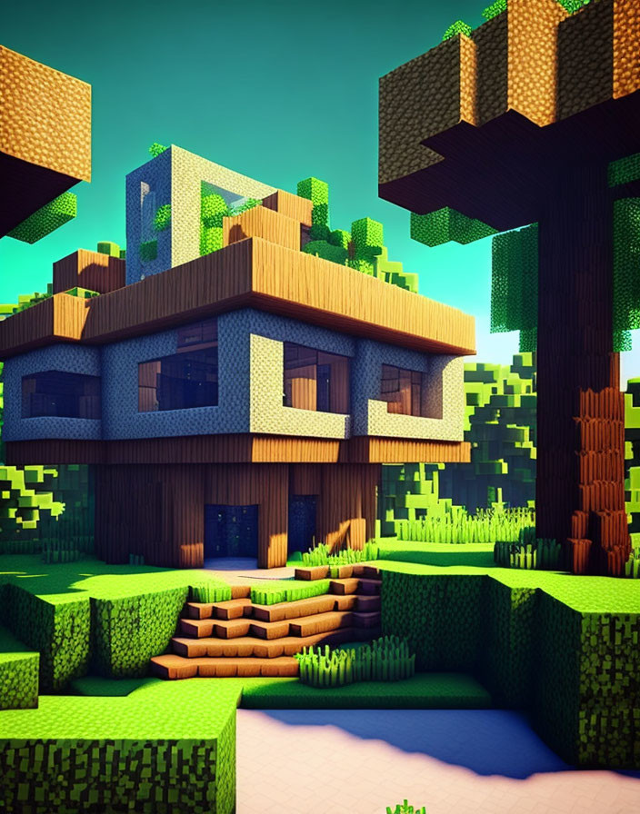 Colorful Minecraft-Style Digital Art: Modern House in Pixelated Landscape