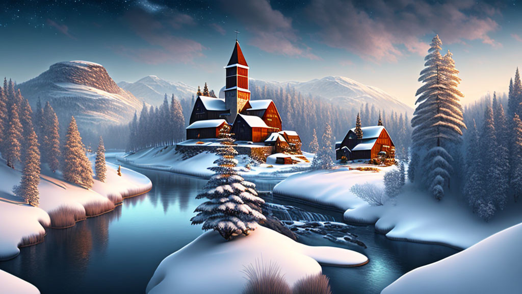 Winter scene: Church, houses, snow-covered trees, river, mountains, twilight sky