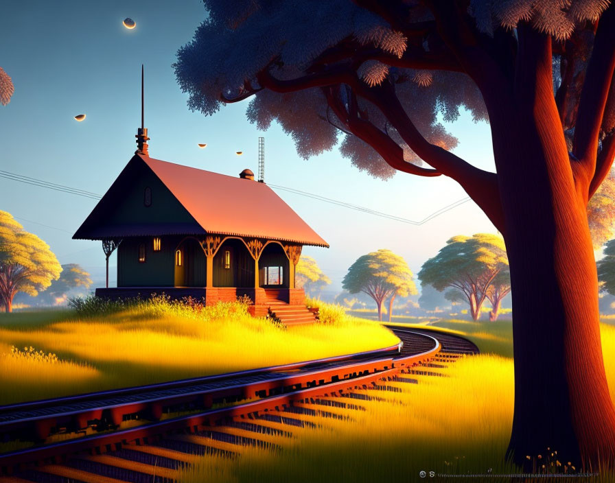 Cozy house surrounded by trees, field, and railway track at sunset