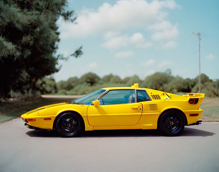 Bright Yellow Sports Car with Black Rims Parked Next to Green Tree