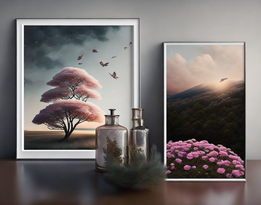 Framed Pictures of Pink Tree and Flower Landscape on Table