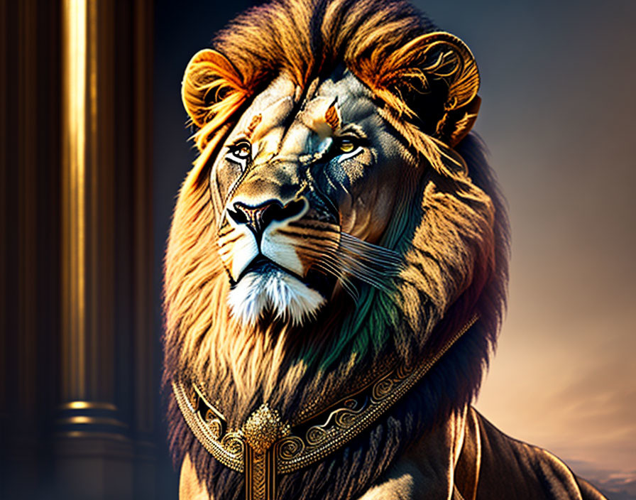 Majestic lion with human-like royal attire and regal setting