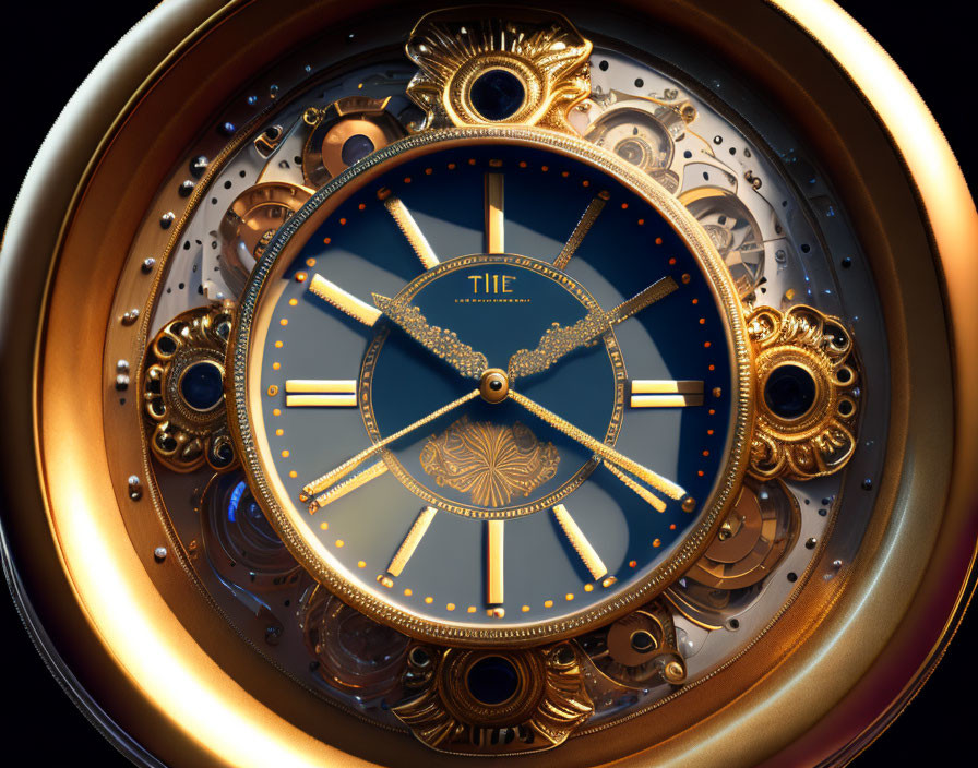 Golden watch face with blue dial and mechanical details