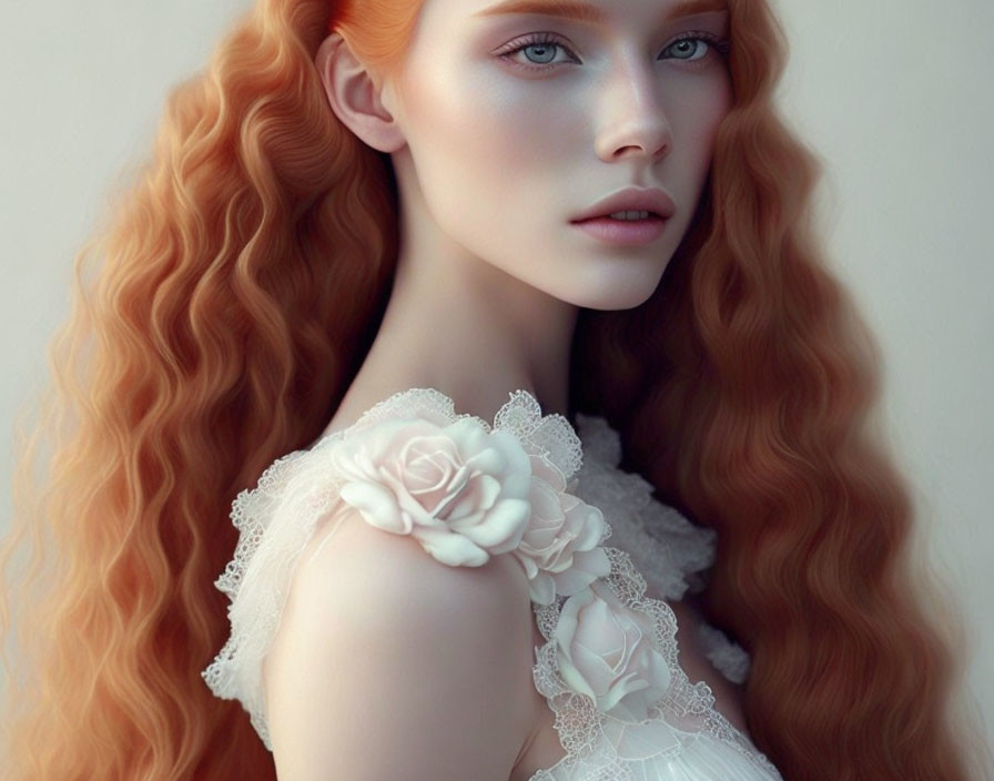 Portrait of woman with long red hair and blue eyes in white lace dress