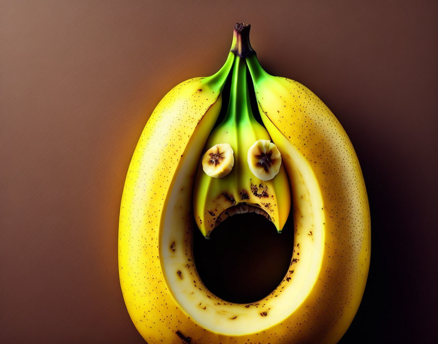 Bananas arranged as face on brown background