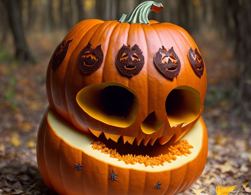 Scary face carved pumpkin on woodland floor with spilling seeds