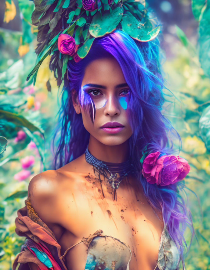 Vibrant purple hair woman with floral headpiece in botanical setting