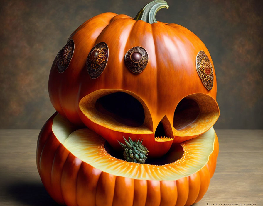 Monstrous Face Pumpkin Carving with Embedded Eyes and Spiky Fruit Tongue