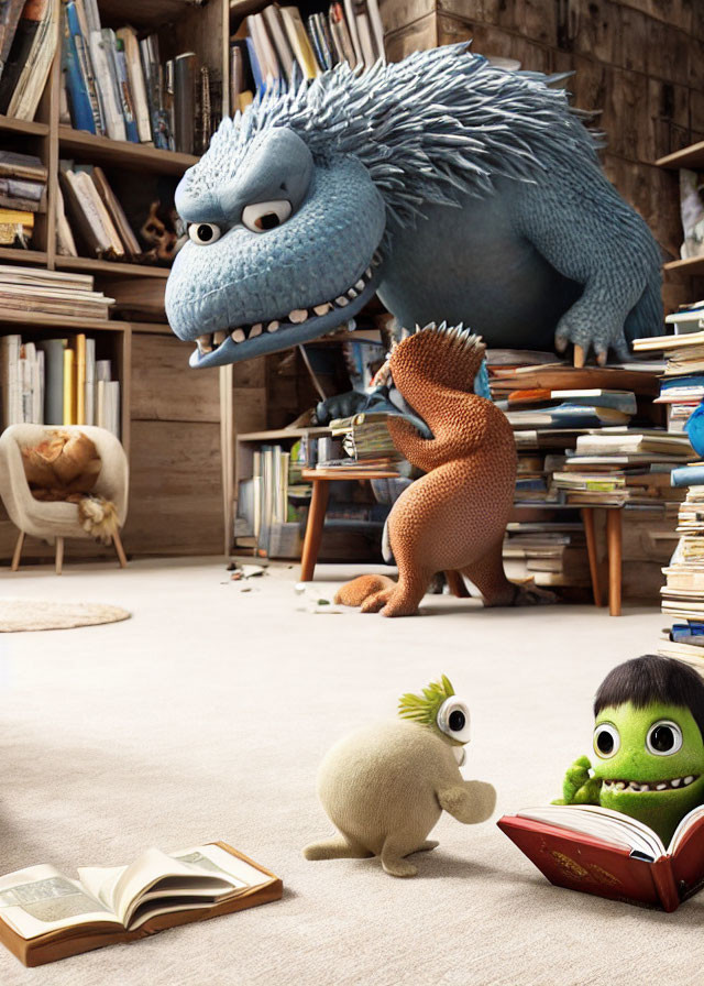 Various Sized Animated Monsters in Cozy Room with Books