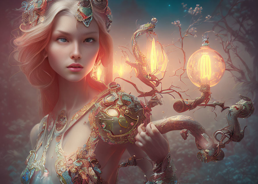 Fantastical female figure with elfin features holding ornate mechanical tree in misty backdrop