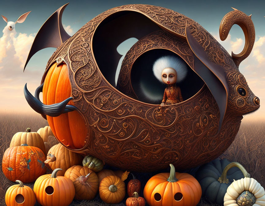 Fantastical scene with gourd-shaped creature, wide-eyed character, and pumpkins