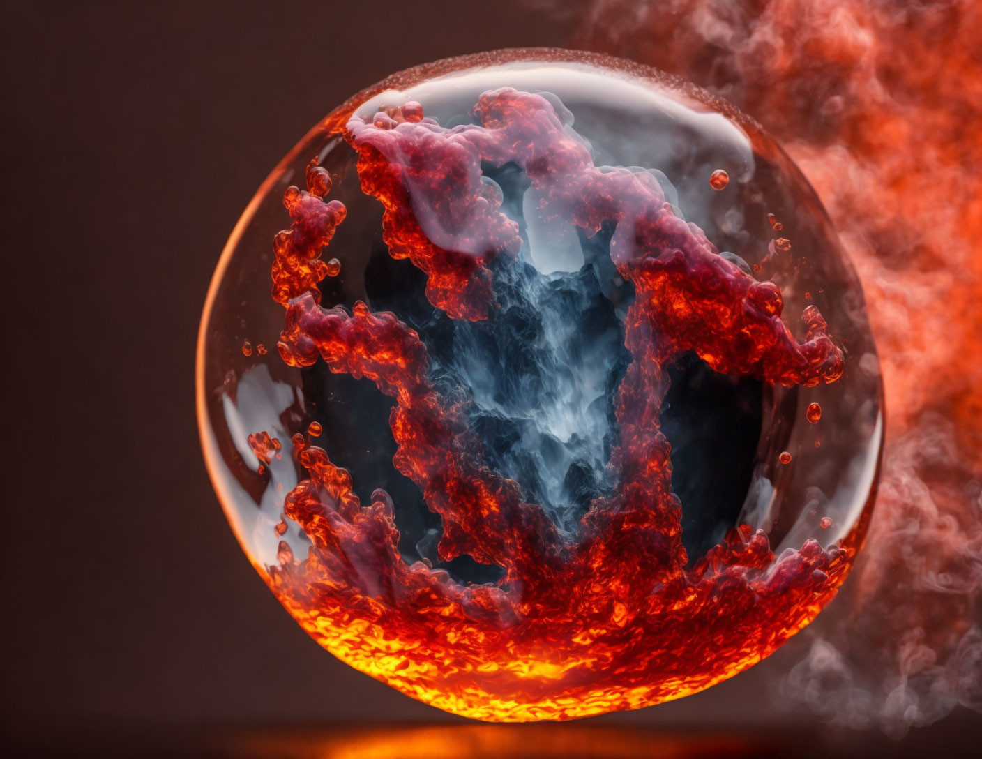 Colorful spherical object with fiery red and orange hues, wispy smoke, and dark blue center.