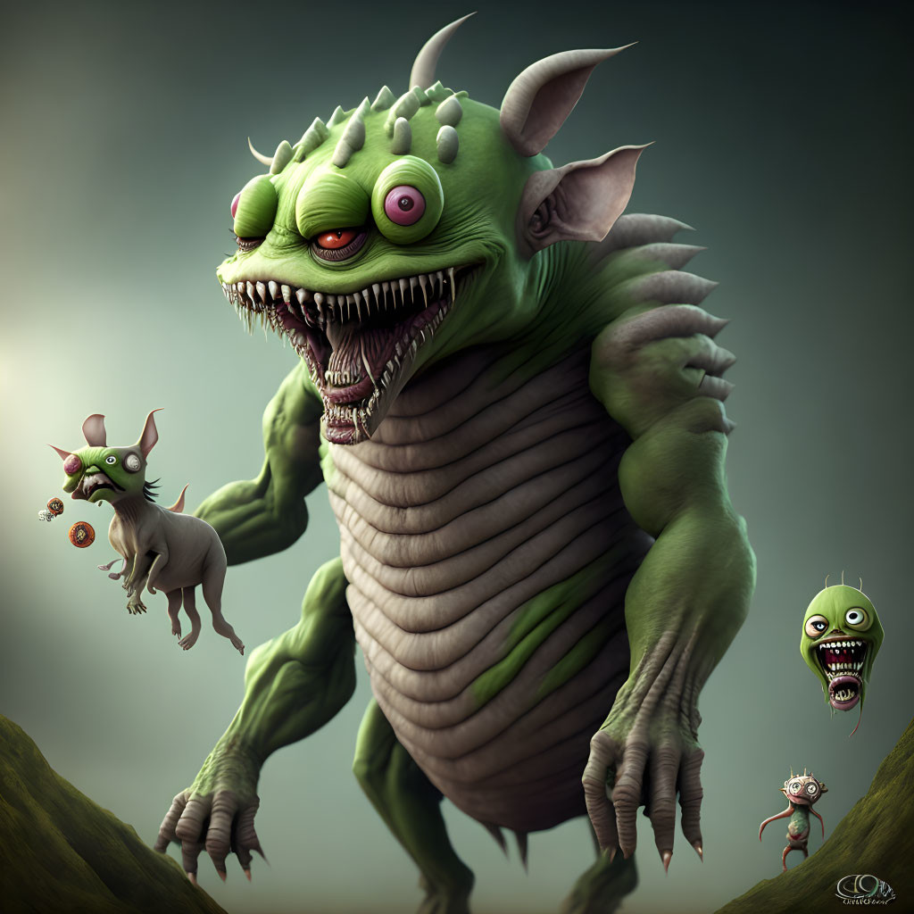 Fantasy green creature with spikes, horns, and three smaller companions in misty setting