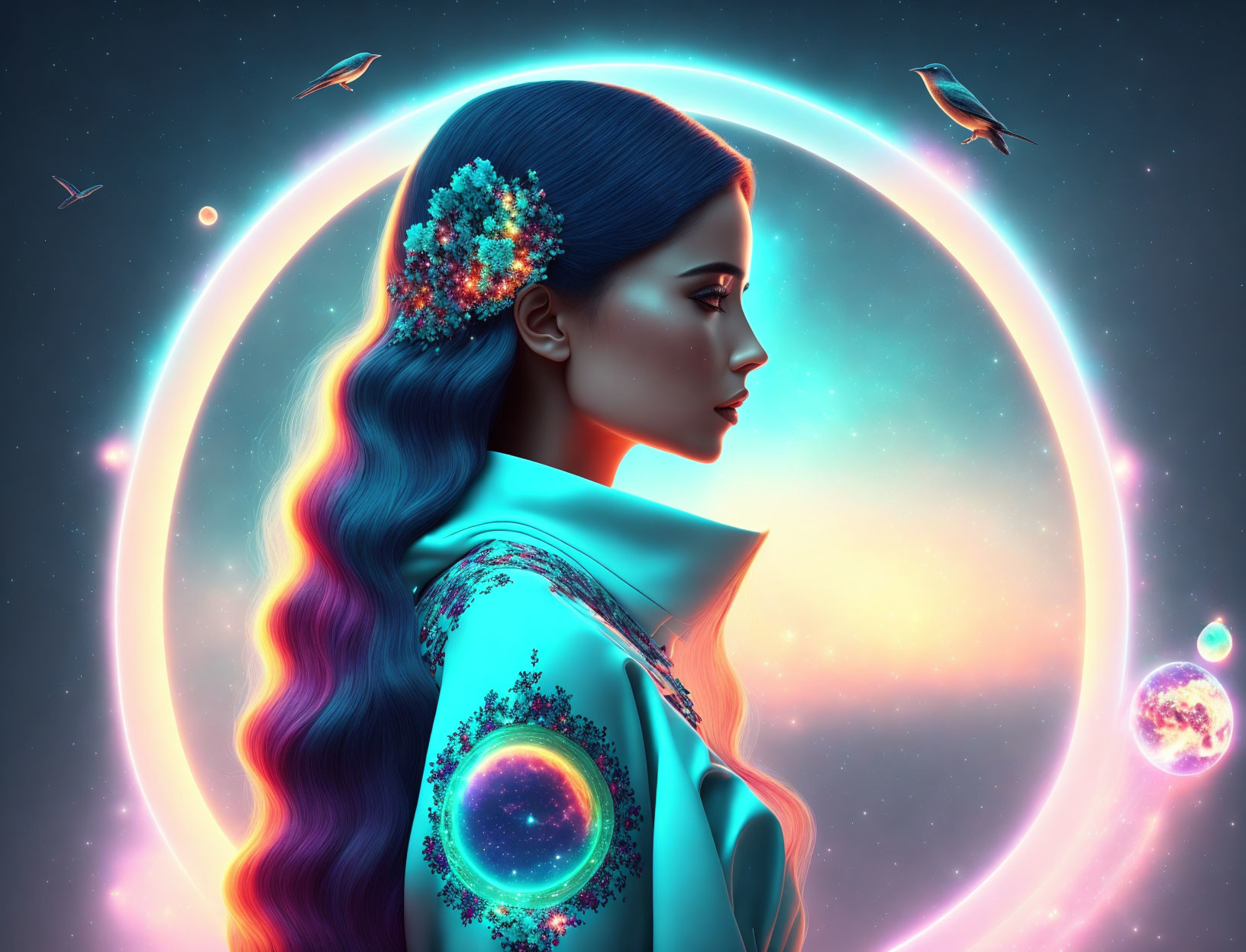 Cosmic-themed digital art: woman with blue hair and floral headdress, surrounded by glowing rings and