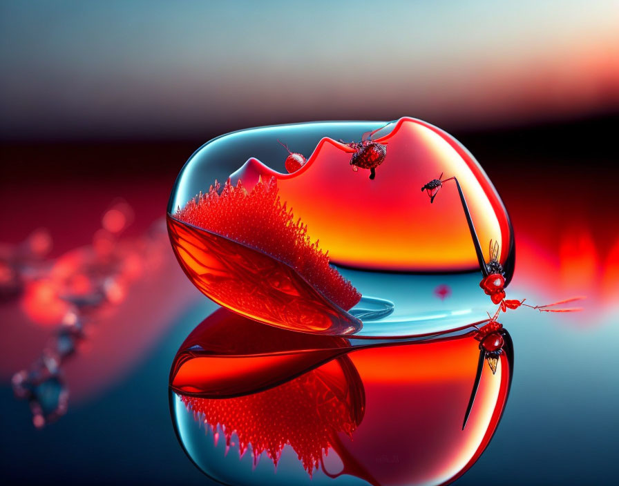 Vivid red transparent bean-shaped object with drops and tiny ant-like figures on reflective surface