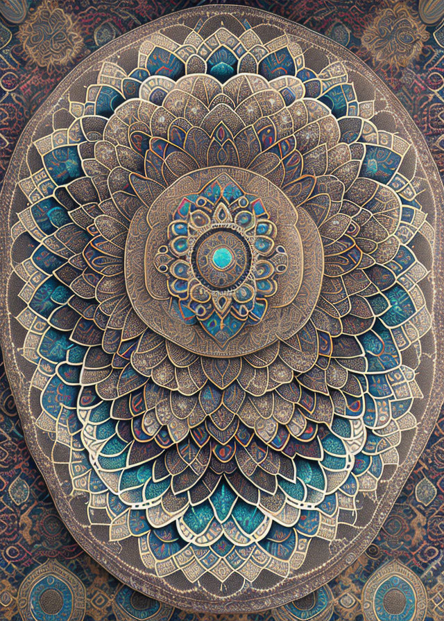 Intricate Blue and Brown Mandala with Symmetrical Petal-like Designs