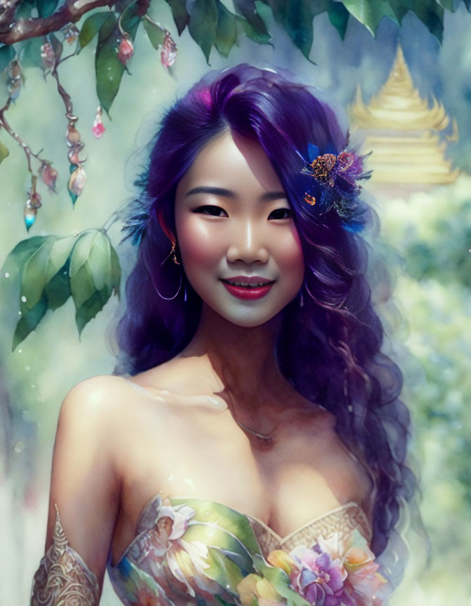 Purple-haired woman with floral tattoos smiling in front of greenery and golden pagoda.