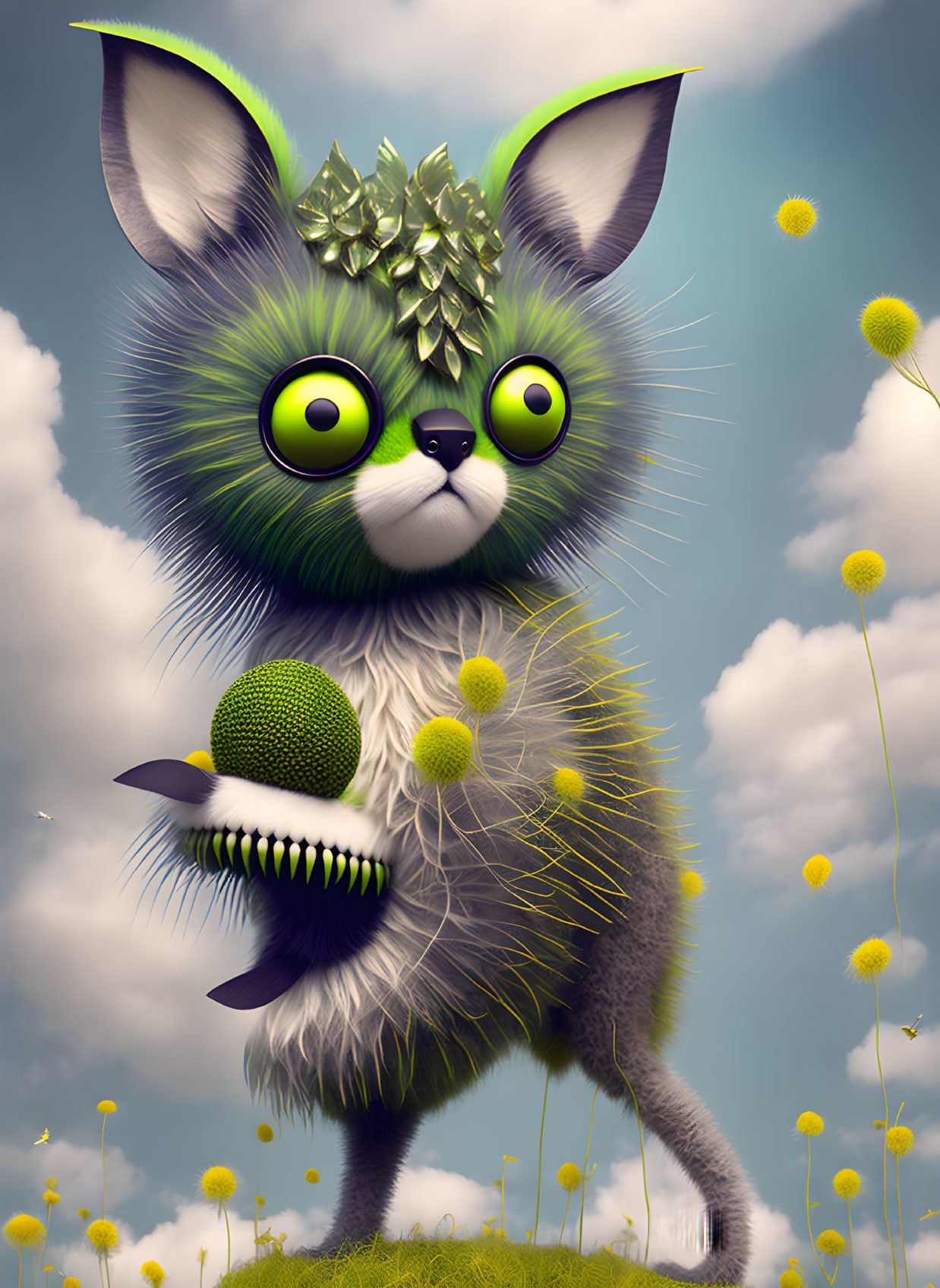 Illustration of furry creature with green eyes and leafy headgear in dandelion field