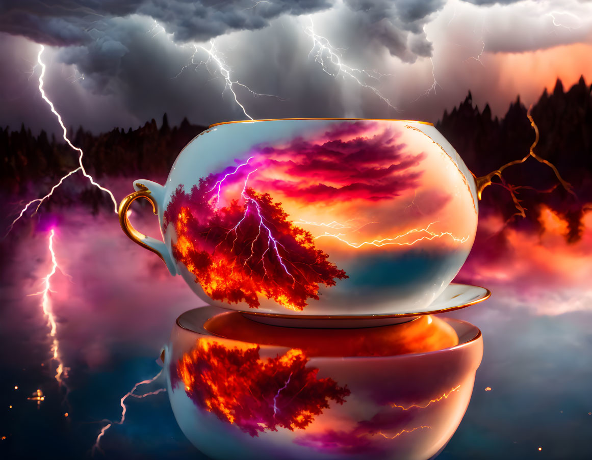 Surreal teacup with stormy sky and lightning reflection on darkened trees